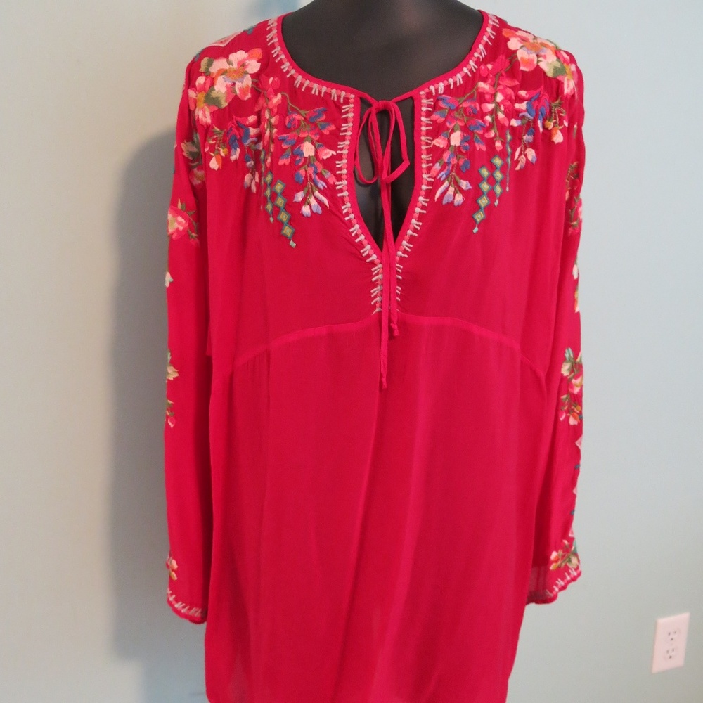 NWOT Johnny Was Embroidered Sheer Tunic Blouse Red